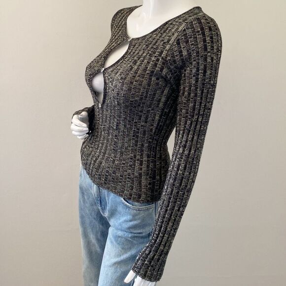 Chaser Black Ribbed Knit Cardigan Top Keyhole Button Closures Gold Lurex Thread - Picture 4 of 7